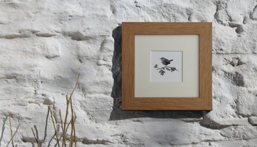 Wren on branch square framed print