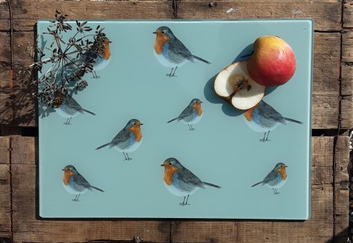 Robin glass chopping board with sliced fruit