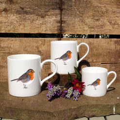 3 mugs featuring the Robin design with flowers