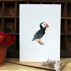 A6 card featuring Puffin and flowers