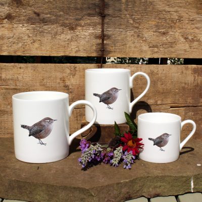 3 mugs featuring the Wren design with flowers