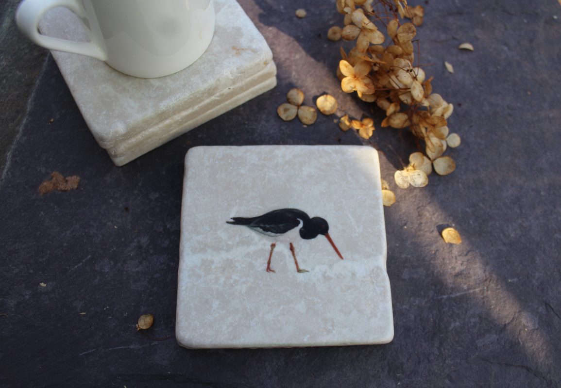 Marble coaster featuring Claire Vaughan's Oystercatcher design