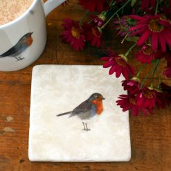 Marble Robin coaster with mug and flowers