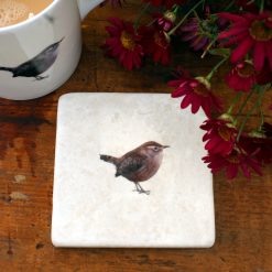 Marble Wren coaster with mug and flowers