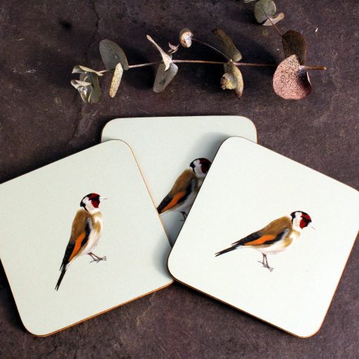 Three Goldfinch coasters with flower