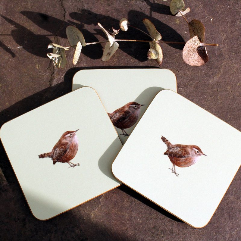 Three Wren coasters with flowers