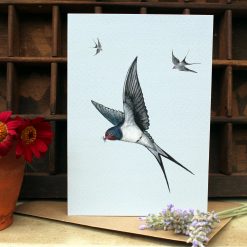 A6 card featuring Swallows and flowers