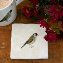 Marble Goldfinch coaster with mug and flowers