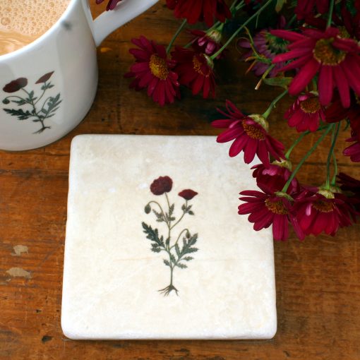 Marble Red Poppy coaster with mug and flowers