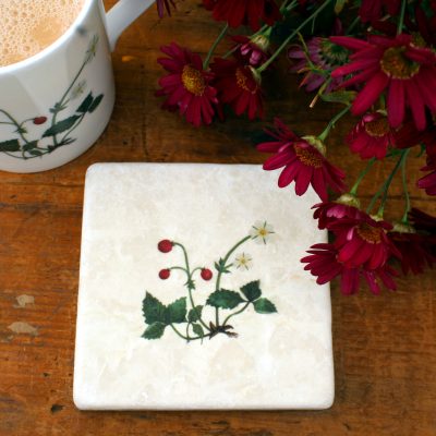 Marble Wild Strawberry coaster with mug and flowers