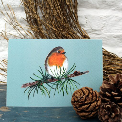 A6 Christmas card featuring a Robin on a branch