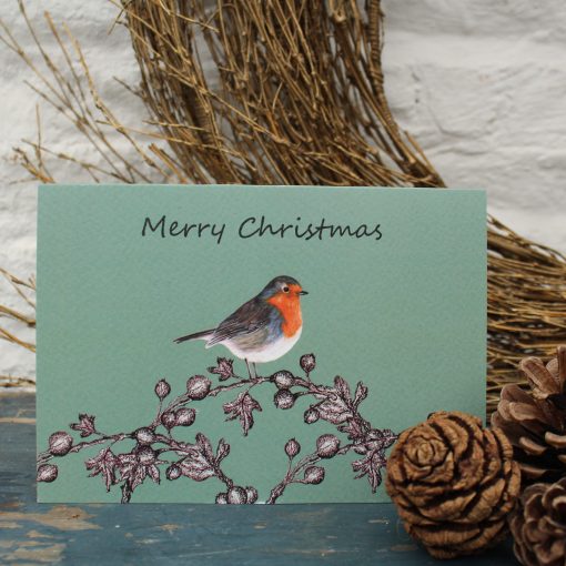 A6 Christmas card featuring a Robin on a wreath