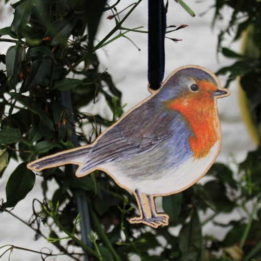 Robin wooden hanging decoration with ribbon on plant